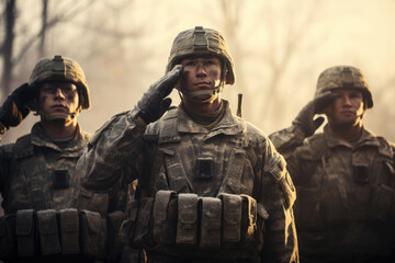 Portrait of military soldiers giving salute - obrazy, fototapety, plakaty