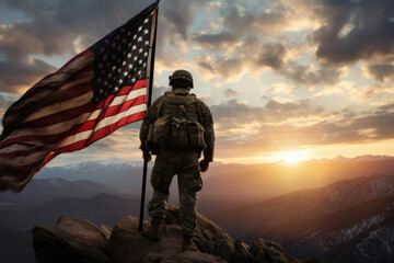 american soldier holding a flag on the peak of a mountain at sunset