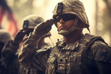 Portrait of military soldiers giving salute