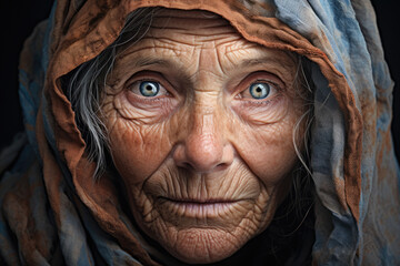 Portrait of an old senior woman with gray hair and deep wrinkles