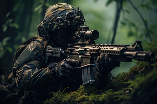army elite troops sniper with a rifle with a telescopic sight and a night vision device