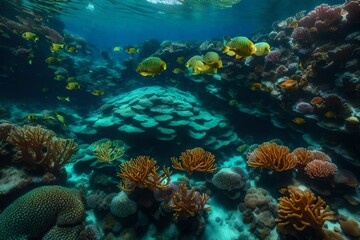 An artistic representation of an underwater world with vibrant coral reefs