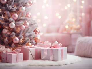 Pink Christmas tree and presents in living room with white fluffy rug and blurred bokeh lights