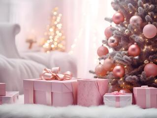 Pink Christmas tree and presents in living room with white fluffy rug and blurred bokeh lights