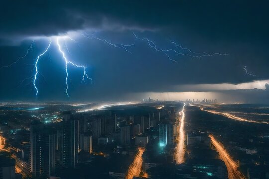 An rendered picture of a mesmerizing lightning storm over a city
