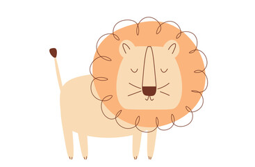Cute lion illustration. Illustration in scandinavian style. Nice animal character. Vector hand drawing. Baby clothes print, poster, nursery decor. Flat illustration isolated on white background.