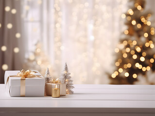 White & gold Christmas presents on empty table with blurred window and bokeh lights
