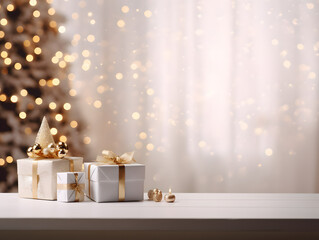 White & gold Christmas presents on empty table with blurred bokeh lights and curtain