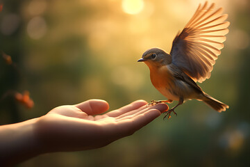 A bird lands on a person's hand on a bright natural blurred background.