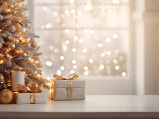 White & gold Christmas presents on empty table with blurred bokeh lights