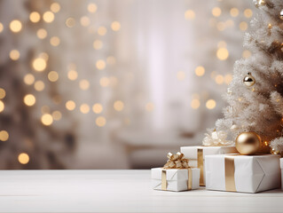 White & gold Christmas presents on empty table with blurred bokeh lights