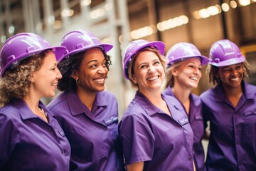 several smiling teamwork of woman wearing purple hard hats stand on the factory