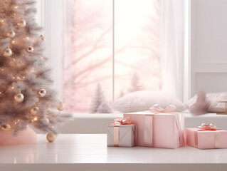 Christmas presents on table with blurred Christmas tree and bokeh lights in white and pink theme