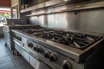 Huge gas stove in eatery kitchen. Generative AI