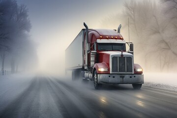 Winter trucking on snowy road with fog. Generative AI