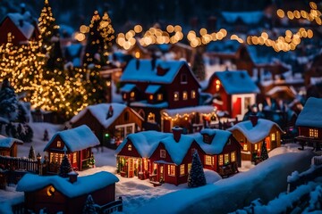 Fototapeta na wymiar Charming Christmas village with miniature houses and lights
