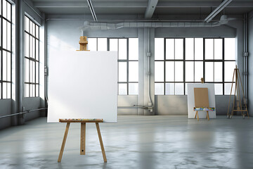 Blank canvas for painting in an empty room, painter.