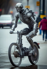 Fototapeta na wymiar Robot on a bike rides through the streets of the city. AI Generated