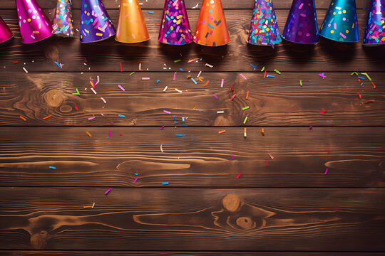 Old wooden background with birthday party hats, blowers and candles, top view, template, copy space.