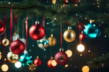 Obraz na płótnie Canvas Glistening Christmas ornaments hanging on a tree
