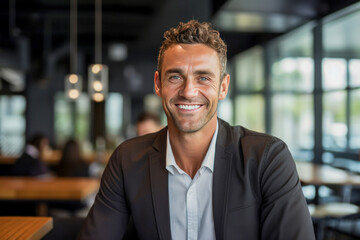 Obraz premium Smiling public relations man sitting in a bar looking at the camera.