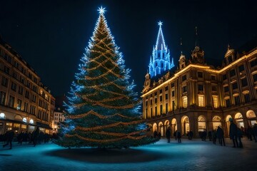 Fototapeta na wymiar Illuminated Christmas tree in a city square