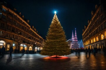 Fototapeta na wymiar Illuminated Christmas tree in a city square
