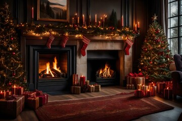 Fototapeta na wymiar Warm fireplace adorned with and garlands