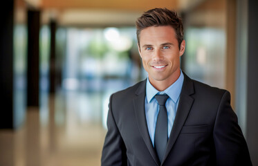 Confident 40 year old businessman posing in a lobby.