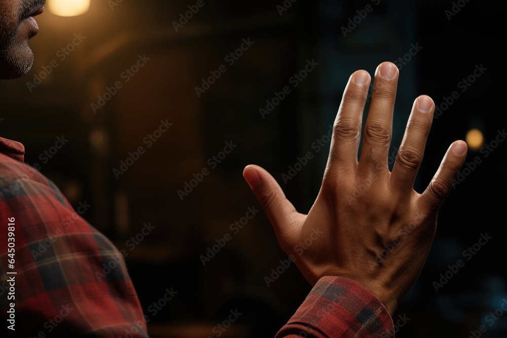 Poster a close-up of a person's hand gesturing while narrating an animated story in sign language. generati