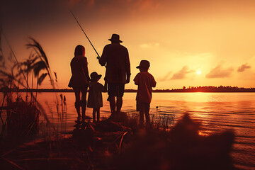 Dark silhouettes of a happy family fishing together, soft sunset light, lake.