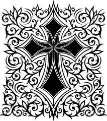 Victorian Gothic Cross with intricate ornamental elements. Tattoo, design and decor element silhouette type. Highly detailed and accurate lines for print or engraving