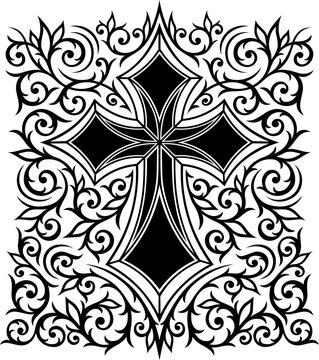 Victorian Gothic Cross with intricate ornamental elements. Tattoo, design and decor element silhouette type. Highly detailed and accurate lines for print or engraving