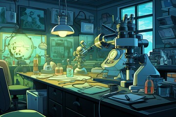 Image depicting research and development in a science lab with a microscope and lab equipment. Generative AI