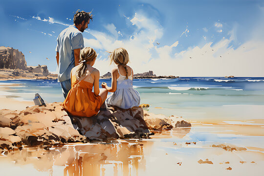 Illustration of a family on vacation enjoying views of the beach, sea water and clear skies.