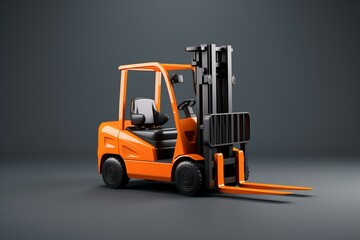 Contemporary orange forklift with wear on the frame, isolated 3D illustration on a gray backdrop with shading. Generative AI