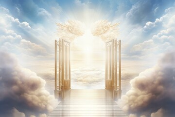 Illustration: heavenly gate and divine light shining through gap in sea of clouds beyond falling white. Generative AI - obrazy, fototapety, plakaty
