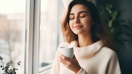 Young beautiful girl drinks morning coffee with her eyes closed. Generative AI