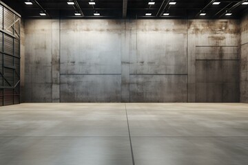 An industrial space with roller doors, concrete floor, steel wall, and vacant interiors. Generative AI