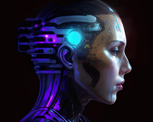 3d rendering of a female cyborg with artificial intelligence in black background