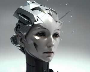 3d rendering of a female robot with futuristic head on grey background
