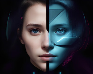 Beautiful young woman face collage. Portrait of a beautiful young woman with blue eyes on a black background.