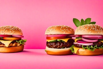 Three various hamburgers in a set on a pink background. - Powered by Adobe