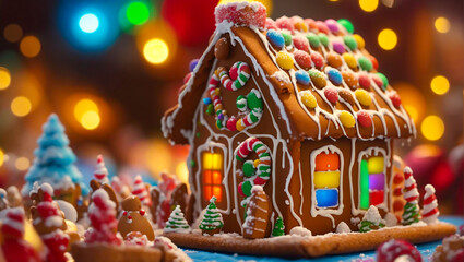 Naklejka premium Gingerbread house, christmas background