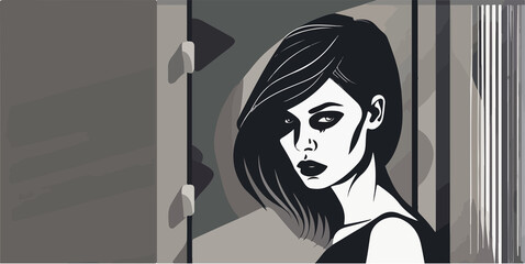 sad girl in the window looking at the camera in the dark. dramatic look. Woman before going toward fear, dark, scary and strange challenging way. Colored flat vector illustration