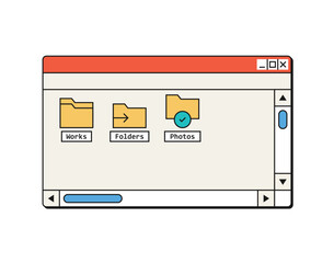 Retro style computer window interface and 90s nostalgic ui design, folders, files, 1990s nostalgia aesthetic technology isolated on white background flat vector illustration,
