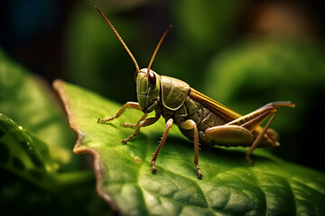 Winged grasshopper on fresh green leaves, bright photo, sharp focus.
