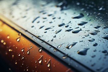 Closeup of raindrops on car windshield with frameless wiper blade. Generative AI - obrazy, fototapety, plakaty