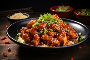 Picture of delightful Korean fried chicken immersed in delectable sweet and spicy chimaek sauce. Generative AI