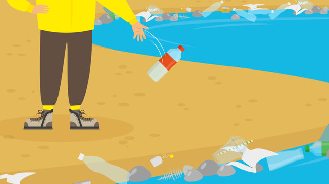 Plastic pollution concept with a person throwing garbage on the beach vector illustration